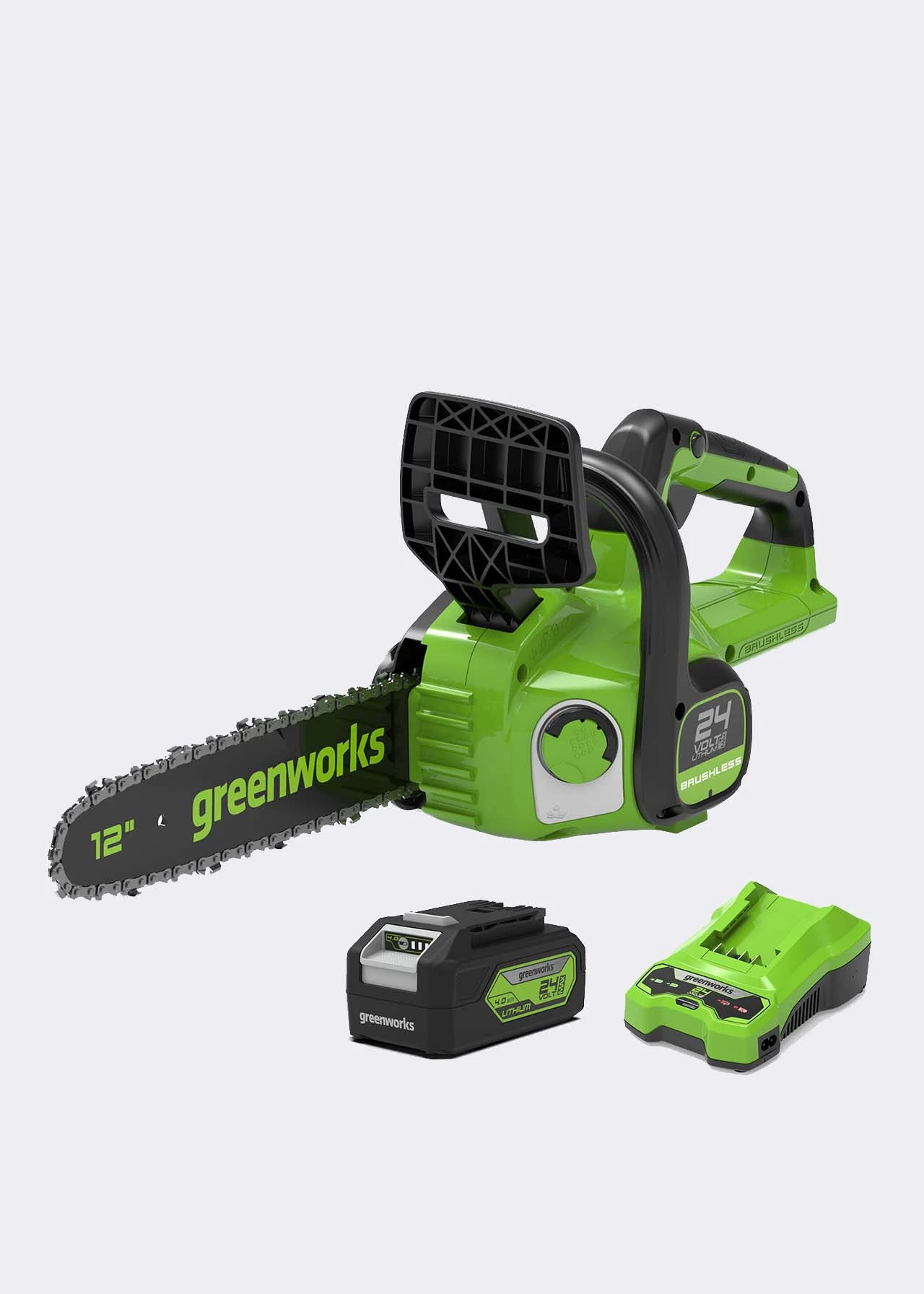 Greenworks 24V 30cm (12") Cordless Brushless Chainsaw With 4Ah Battery 1 Greenworks 24V 30cm (12") Cordless Brushless Chainsaw With 4Ah Battery
