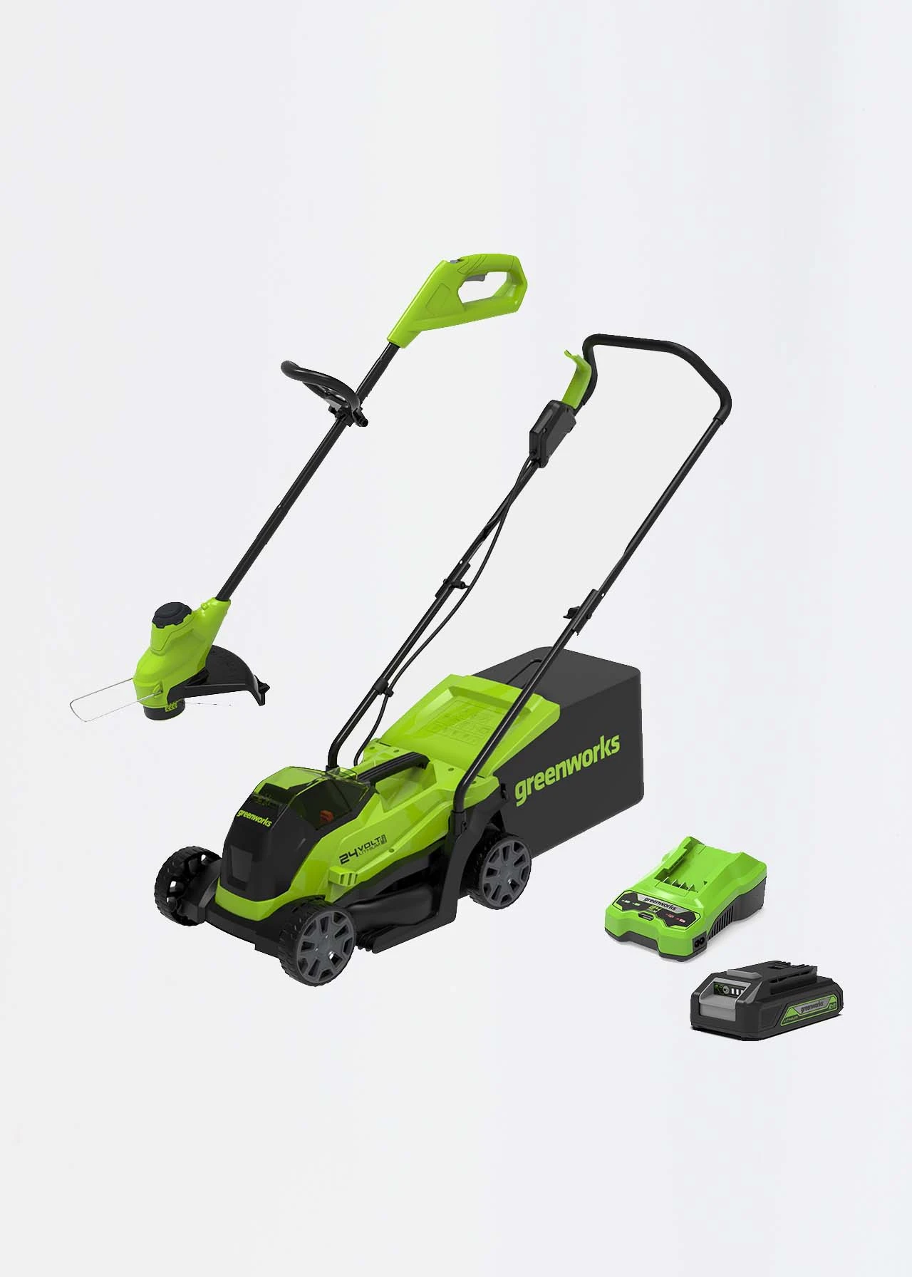 Greenworks 24v 33cm Cordless Lawnmower With Line Trimmer 1 Greenworks 24v 33cm Cordless Lawnmower With Line Trimmer